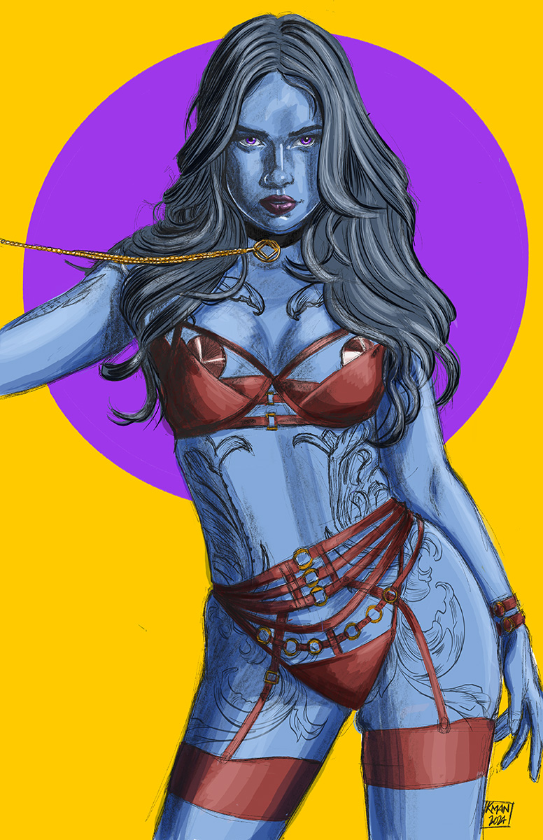 Blue-skinned fantasy pinup character