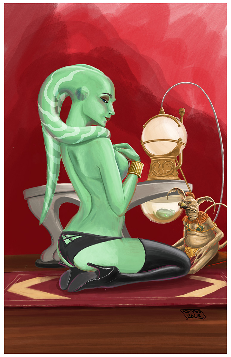 Green alien boudoir pinup illustration