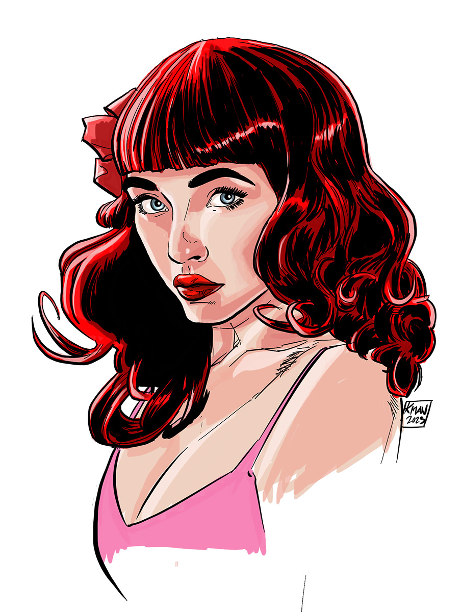 Red-haired pinup portrait illustration