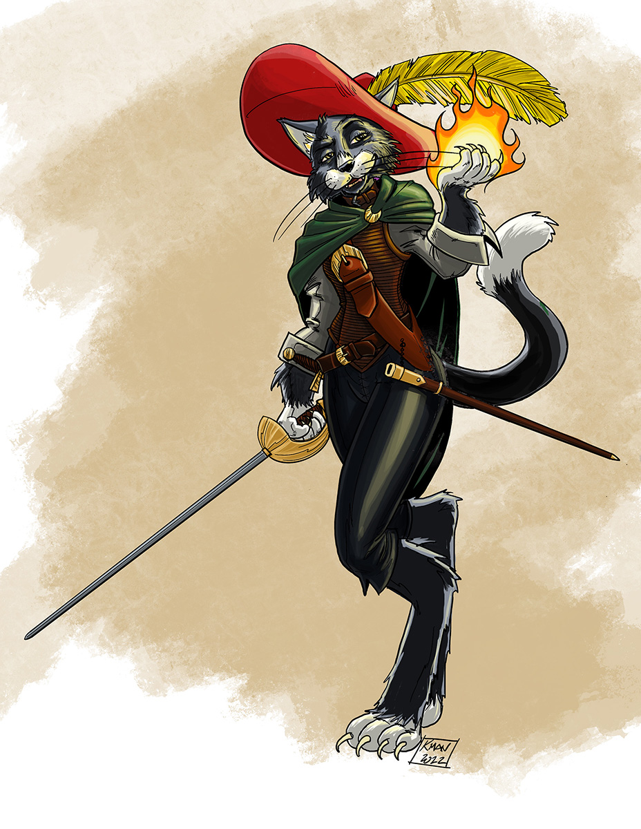 Tabaxi swashbuckler character illustration by Kieron O'Gorman