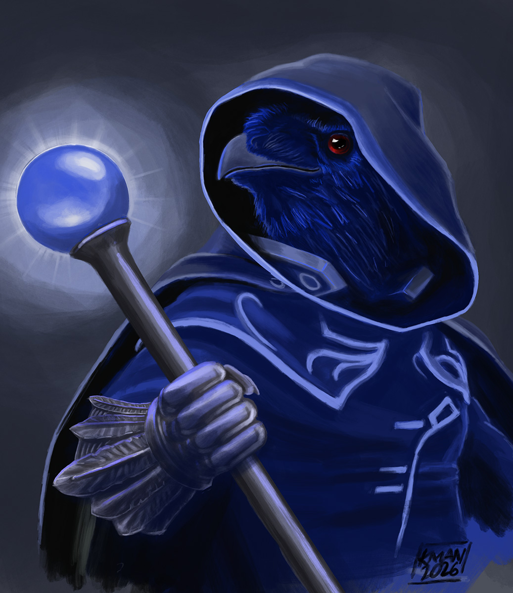 Kenku spellcaster with glowing staff