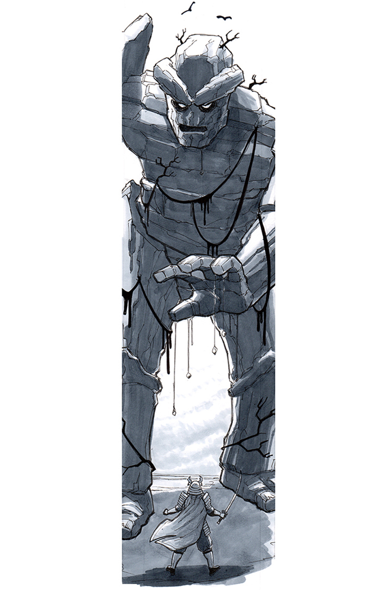 Earth elemental and Samurai illustration