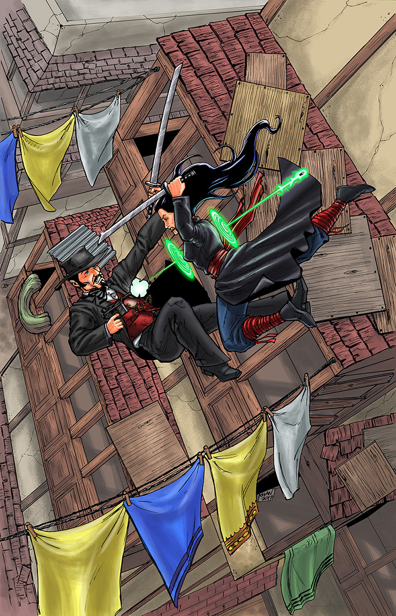 Rooftop duel fantasy cover illustration