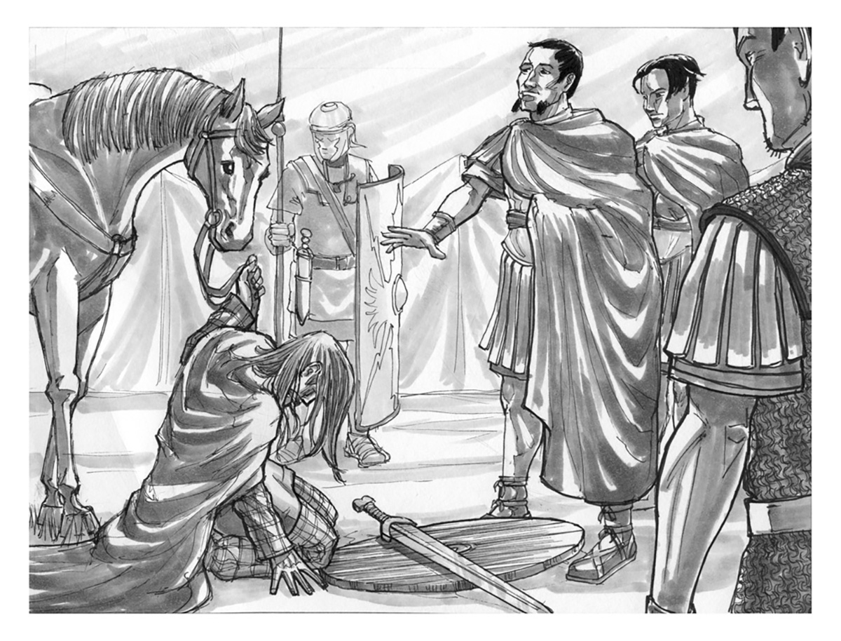 Warrior surrendering before armed soldiers