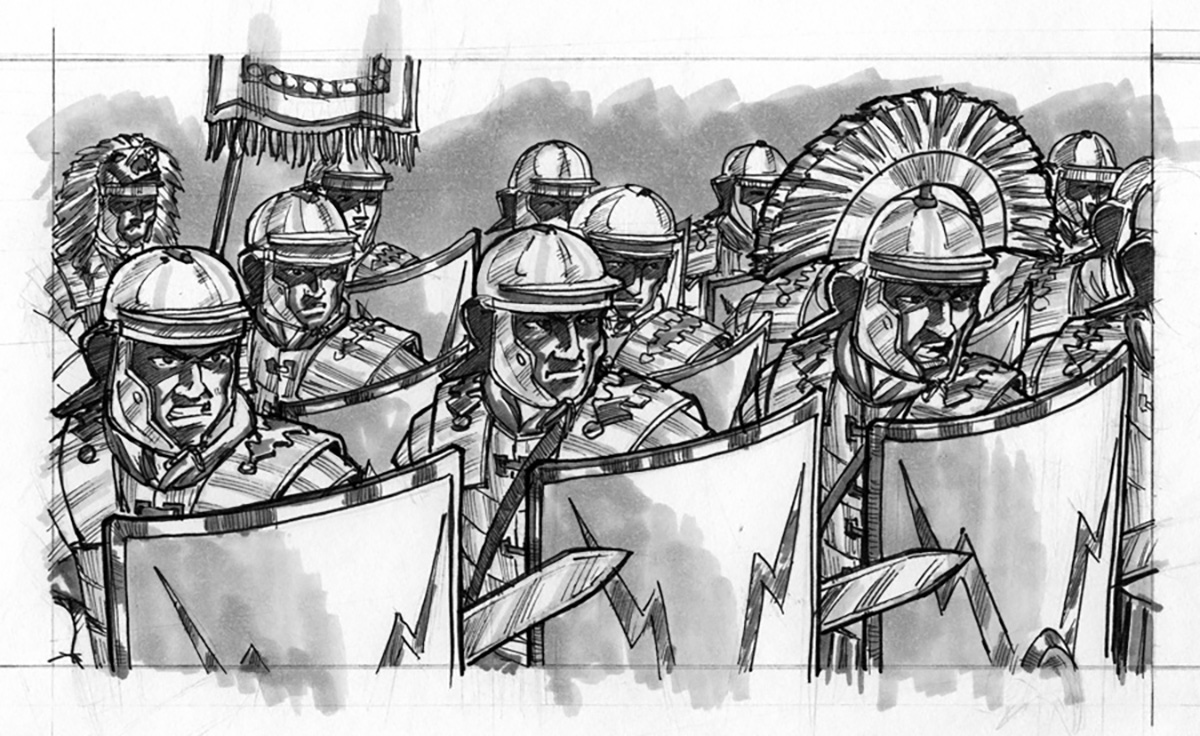 Formation of armored legionaries with shields