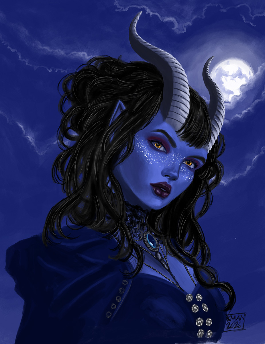 Blue tiefling portrait under moonlight