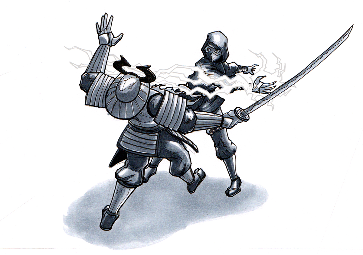 Cat Ninja striking an armored opponent with magic
