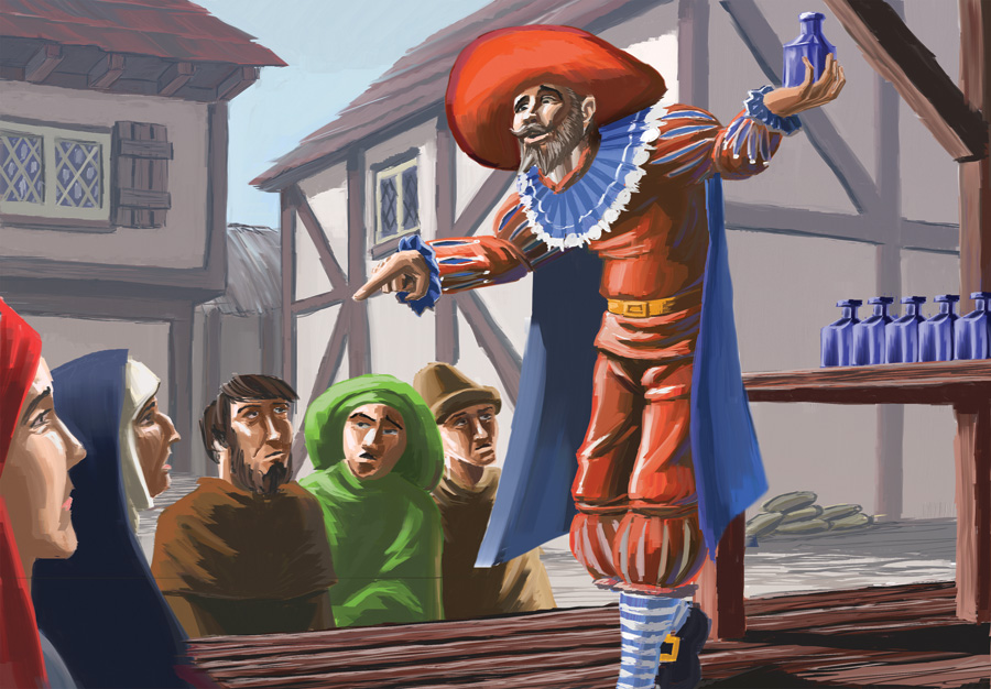 Mountebank selling bottles in a town square