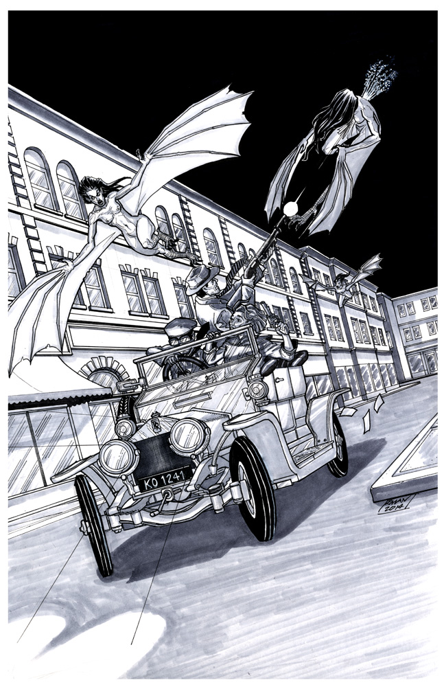 Harpies attacking a speeding car