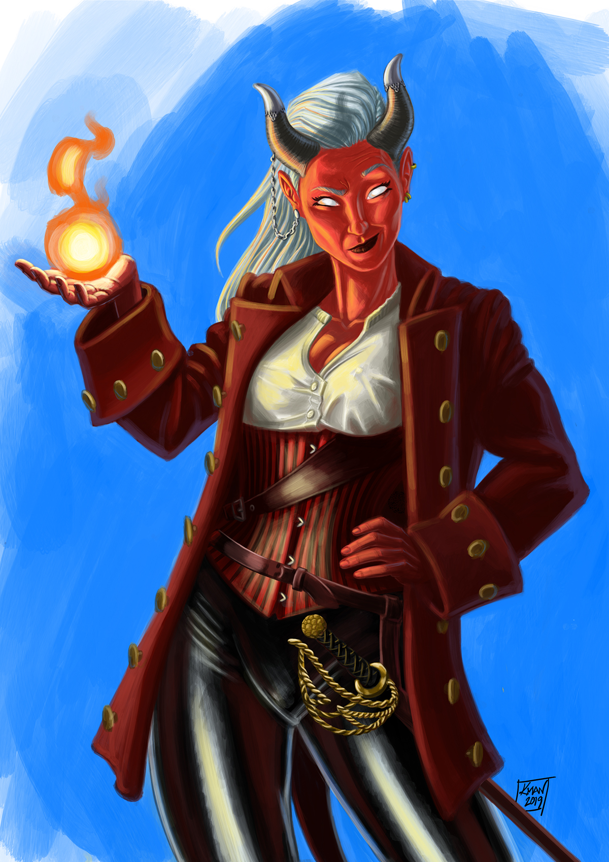 Red tiefling captain holding magical flame